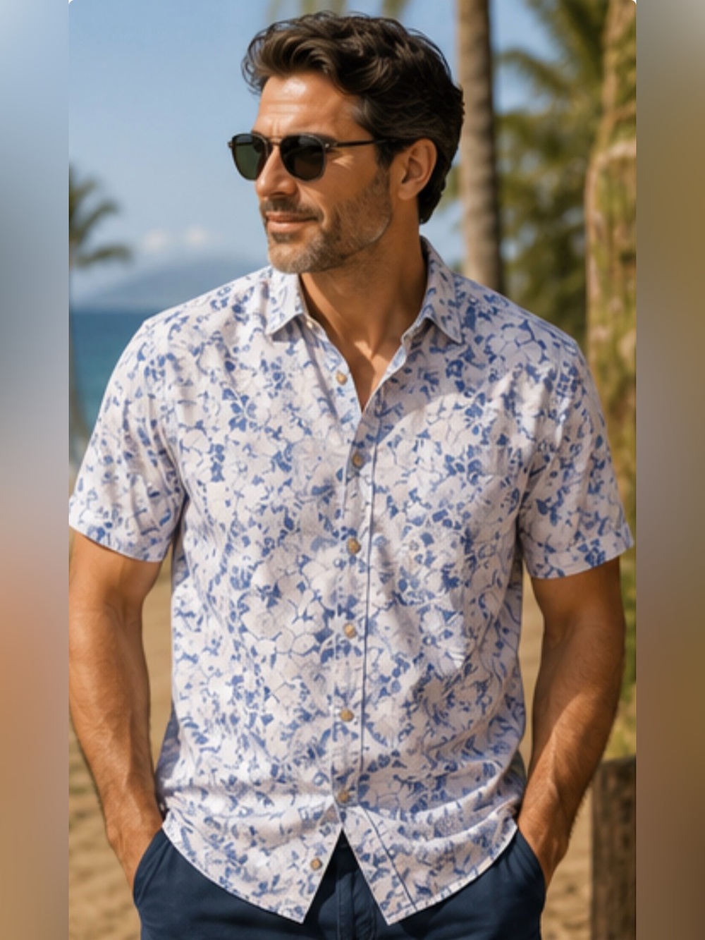 Denim & Flower by Ricky Singh Floral Button Down Shirt Men's Blue White Cotton